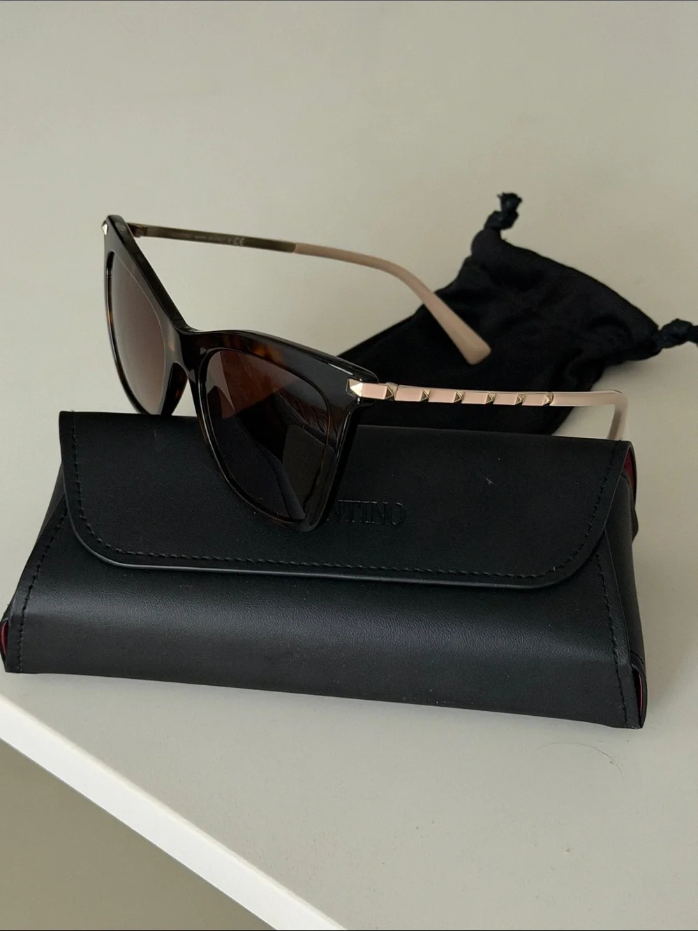 Valentino Rockstud Women’s Tortoiseshell Cat-Eye Sunglasses with Beige Arms
